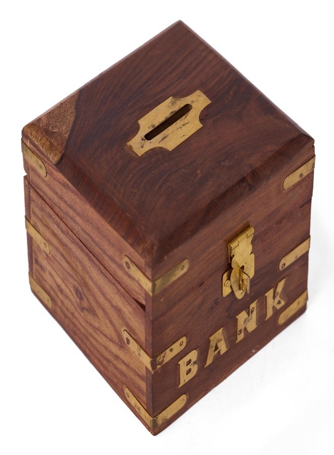 GURU JEE Handmade Indian Wooden Piggy Bank Decoration Unique Keepsake Small Square Piggy Money Saving Bank Gifts for Kids and Adults (Design 1) - Image 1
